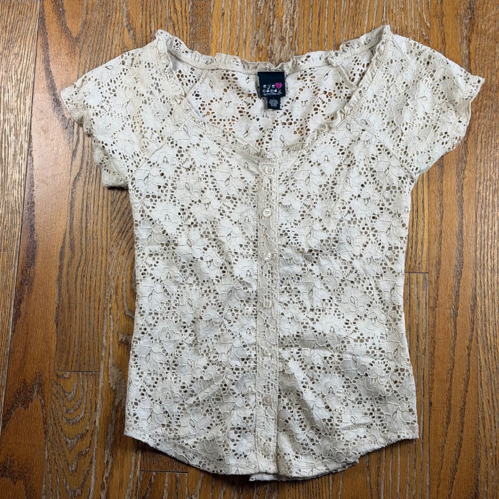 Cottagecore Coquette Lace Cream Floral Button Front Peplum Top Womens L Fairy